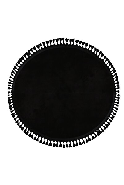 Valery Home Black Plush Carpet - Vl Round Comfort, Pompom Fringed