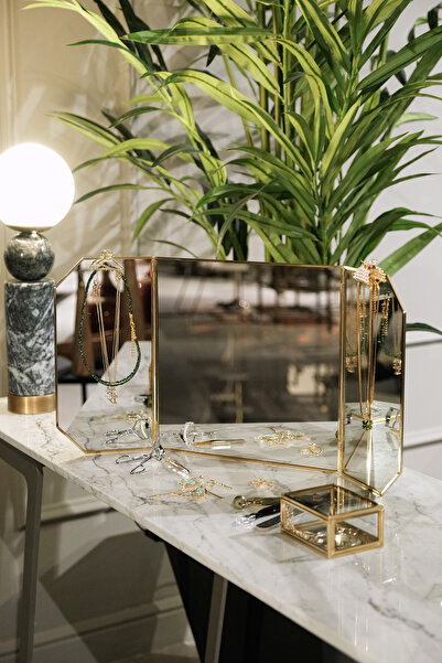 Genel Markalar 60x30cm Pirinç Gold Kapaklı Masaüstü Makyaj Aynası Dekoratif K...