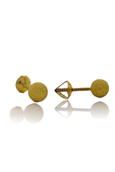 MaGold Düz Mat Kumlu 4 mm Vidalı Top Küpe 14 Ayar Altın