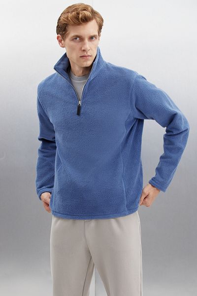 GRIMELANGE Pánský fleece Hayes Poloviční zip Silný texturovaný pohodlný střih Indigo Fleece s koženými doplňky