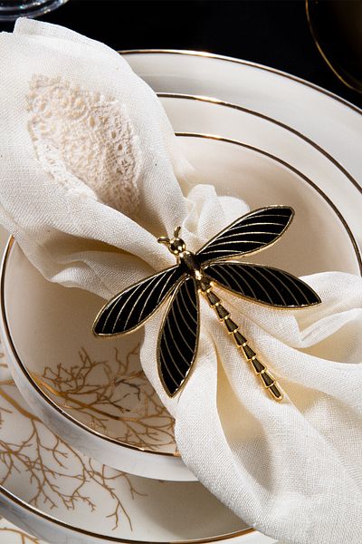 TR Turan Collection YUSUFCUK 6-Piece Gold Luxury Napkin Ring, Black Enameled Napkin Ring