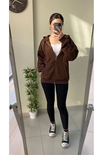 HARMONY GLOBAL Дамски суитшърт с качулка и цип, цвят кафе, голям размер, 2 прежди