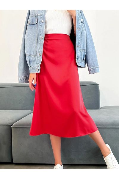 NSMLİFE Satin RED High Waist Midi Daily Skirt Suitable for Hijab Clothing