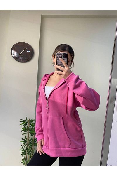 HARMONY GLOBAL Women's Pink Oversize 2 Thread Hooded Zipper Sweat