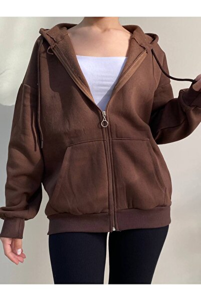 HARMONY GLOBAL Дамски суитшърт с качулка и цип, цвят кафе, голям размер, 2 прежди