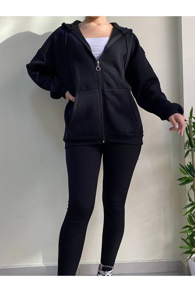 HARMONY GLOBAL Women's Black Oversize 3 Thread Ribbon Hooded Zipper Sweat
