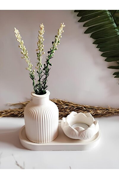 E.M.S AVM Set de vaze Pampas Vază Lotus Suport pentru lumânări Farfurie decorativă Set de bibelouri 3 bucăți brut-nepintat.