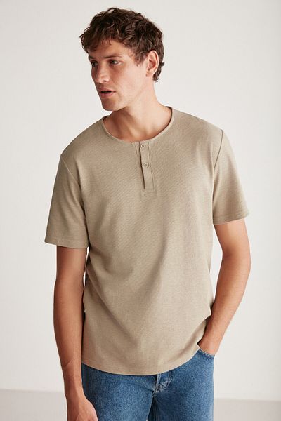 GRIMELANGE Harry Pánský límec Speciální Sukulentní Texturované Silné Tkaninové Tričko 100% Bavlna Khaki