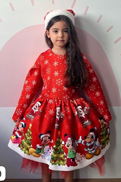 ELAFOR Scuba Kumaş Mickey Minnie Desenli Bereli Kırmızı Kız Çocuk Yılbaşı Elbisesi(1 YAŞ BÜYÜK ALINIZ)