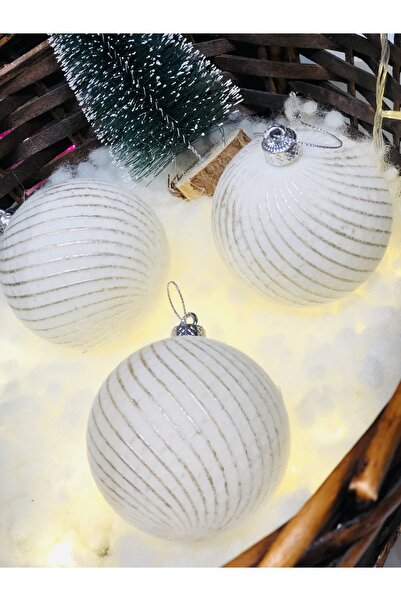 Derin Düşler Christmas White Rosegold Striped Pine Tree Ball - 8 Cm, Pack of 3