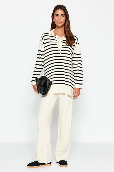 Trendyol Modest Beige Stripe Knitwear Sweater and Trousers Set - Lacing Detail Tctaw24Us00080