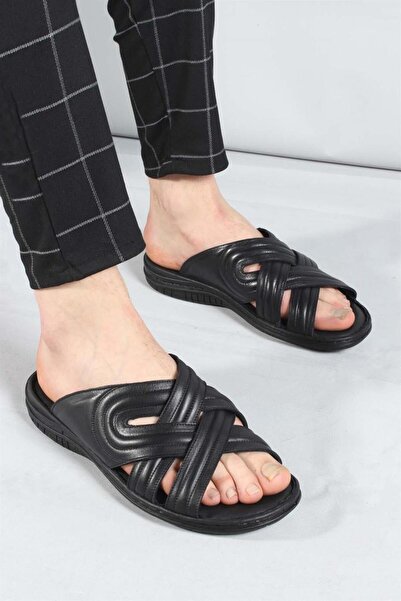 FAST STEP Мъжки черни плоски чехли от естествена кожа 952ma141