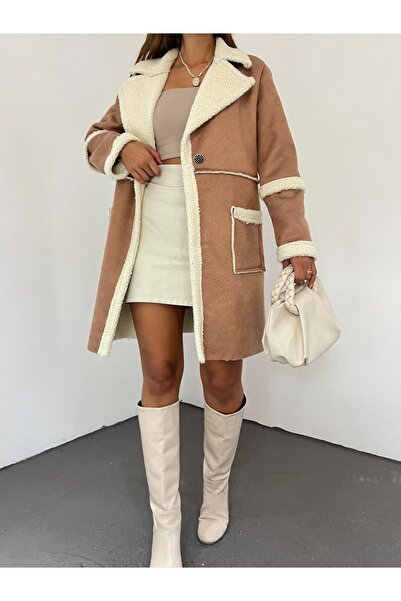 Modamorfo Semišový kabát s kožešinovou podšívkou na knoflíky