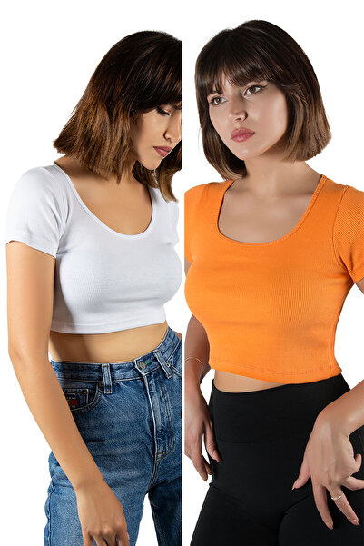 BUCADO Pachet de 2 tricou crop cu mânecă scurtă, alb portocaliu