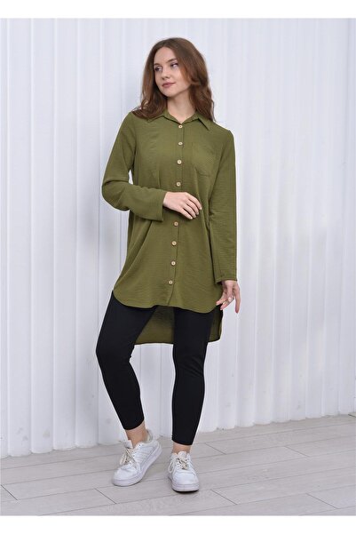 Nuseel Kadın Uzun Önden Düğmeli Aerobin Tunik Gömlek Haki