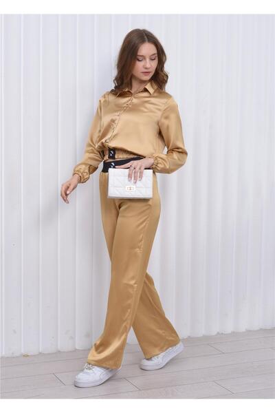 Nuseel Kadın Beli Lastikli Crop Model Saten Bluz Gold