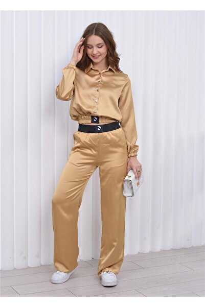 Nuseel Kadın Beli Lastikli Crop Model Saten Bluz Gold