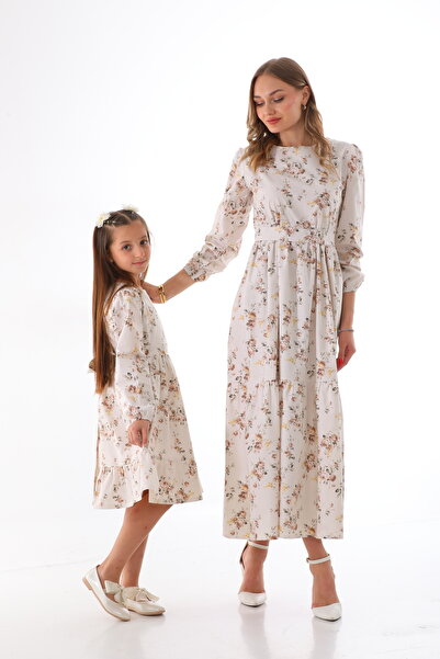 Moda Lippa Кафяв хиджаб с шарки на цветя Комбинация майка и дъщеря (Единична цена)