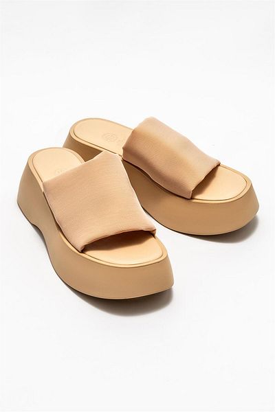 Elle Shoes Beige Women's Wedge Heeled Slippers