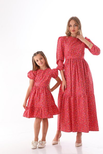 Moda Lippa Çiçek Desenli Kırmızı Tesettür Anne Kız Çocuk Kombini (Tekli Fiyattır)