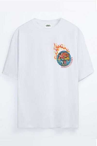 Grove Fashion Flaming Tiger Head Printed Unisex Oversize T-shirt