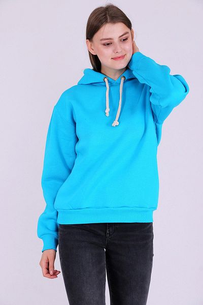 Tshirthane Γυναικεία φούτερ με κουκούλα με κουκούλα Turquoise Basic Oversize με 3 νήματα