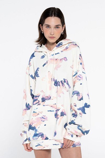 Friday Offset Valentina Women's Ecru Print Kangaroo Pocket Hooded Oversize Sweatshirt Hoodie