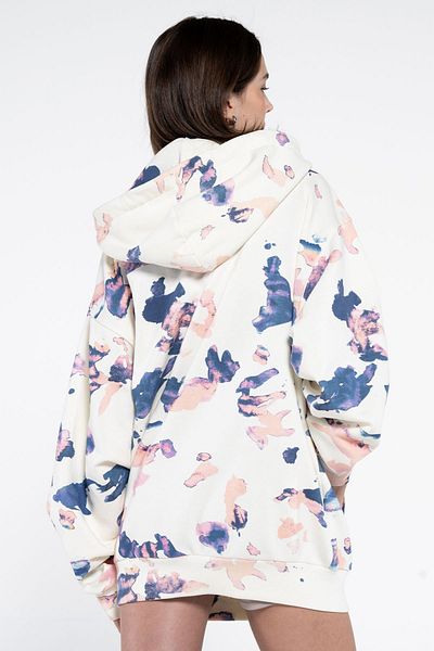 Friday Offset Valentina Women's Ecru Print Kangaroo Pocket Hooded Oversize Sweatshirt Hoodie