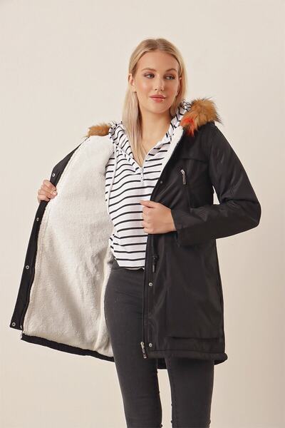 HAKKE Women's Hooded Pocket Snap Fastener Furry Coat