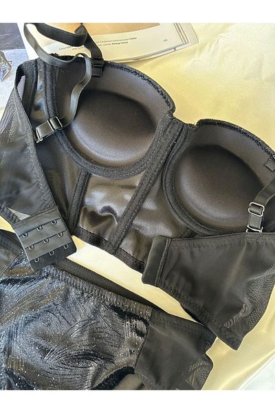 dem merys Black velvet glittery corset bra set