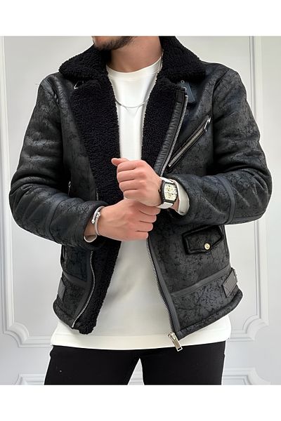 He Brand Ανδρικό μαύρο παλτό Napa Full Shearling Leather Northern Model