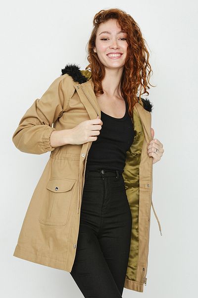 Select Moda Γυναικεία καφέ γούνα με κουκούλα και κουμπωτό κλείσιμο Parka