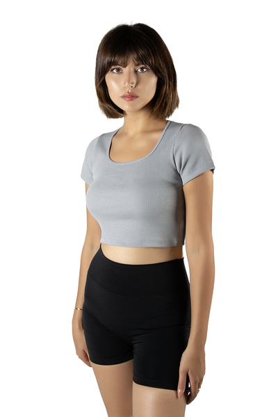 VEAVEN Açık Gri Havuz Yaka Fitted/vücuda Oturan Kısa Kol Crop Tişört