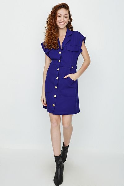 Select Moda Rochie cămașă cu nasturi țesute albastre de damă