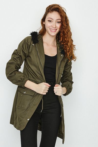 Select Moda Women's Khaki Fur Hooded Parka with Snap Closure