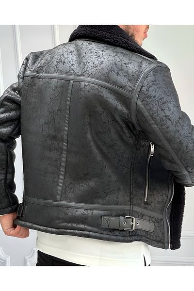He Brand Ανδρικό μαύρο παλτό Napa Full Shearling Leather Northern Model