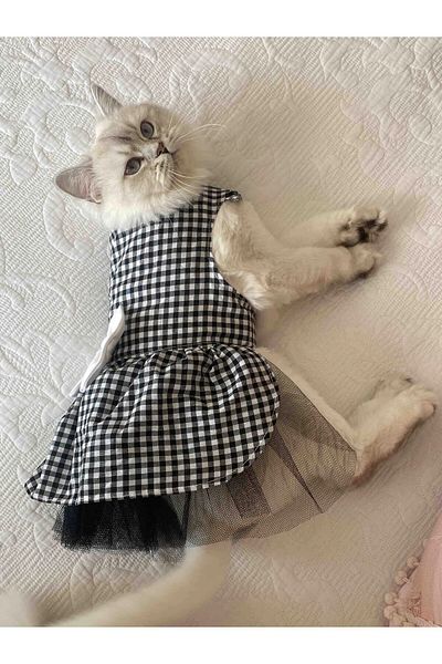 Gobo White Black Checkered Female Cat Dog Outfit Dress