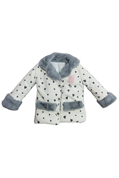 Hippıl Baby Çaren Kids- Kız Çocuk Kürk Detaylı , Kalp Desenli, Düğmeli, Astarlı Polar Mont