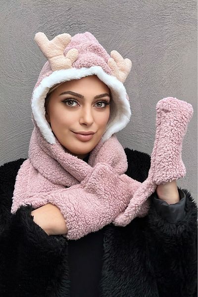 miso aksesuar takı Misotrend Pink Color Plush Beanie Scarf with Deer Figure Women's Neck Collar Shawl Windproof Hat with Ears