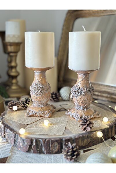 Handmadesign El boyaması çiçek kabartma detaylı ayaklı altın beyaz 2li mumluk...