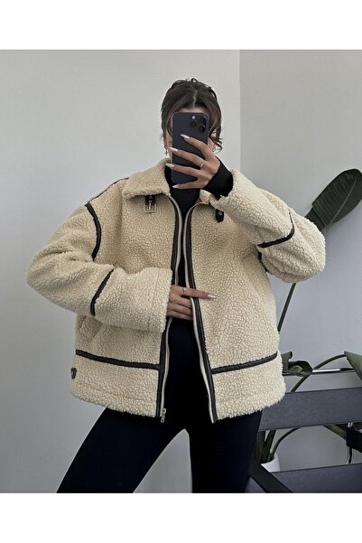 candybia Beigefarbener Premium-Design-Plüschmantel für Damen mit Reißverschluss