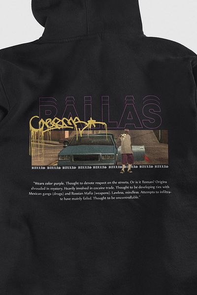 Grove Fashion Hanorac negru unisex Gta Ballas Gang imprimat cu două fire raster oversize
