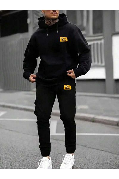 Josette Dart Letter Winter Bottom Top Set Sweatshirt Tracksuit Bottoms - Black Printed Oversize Hoodie
