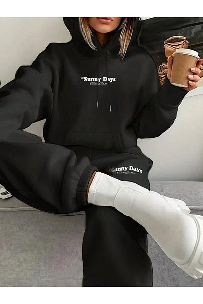 Josette Sunny Days Winter Bottom Top Set Sweatshirt Tracksuit Bottoms - Black Printed Oversize Hoodie