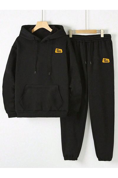 Josette Dart Letter Winter Bottom Top Set Sweatshirt Tracksuit Bottoms - Black Printed Oversize Hoodie