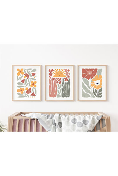 fabriflow exclusive Vintage Çiçek İllüstrasyonlu Temalı Çocuk Odası 3'lü Tabl...
