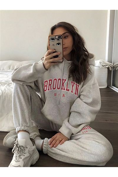 Josette Brooklyn USA Winter Bottom Top Set Sweatshirt Tracksuit Bottoms - Gray Printed Oversize Hoodie