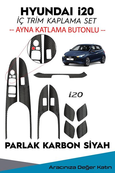 GRAFİCAR New Hyundai I20 interior compatible Trim Foil Covering Set/Glossy Carbon Black/Mirror with Folding Button/ELITE