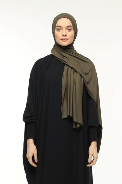 Altobeh Hazır Pratik Geçmeli Lüks Organik Düz Penye Şal Çapraz Hizalı Asker Yeşili