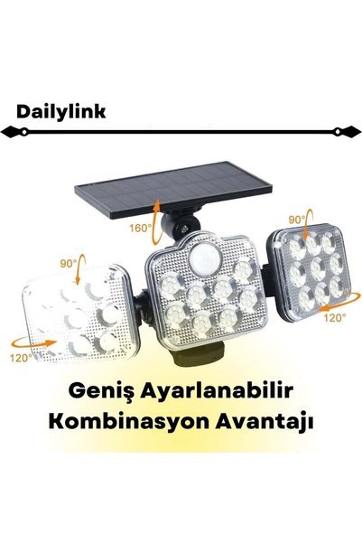 VİVVOV Fl 1728 Güneş Enerjili Sensörlü 148 Ledli Solar 3 Başlı Lamba